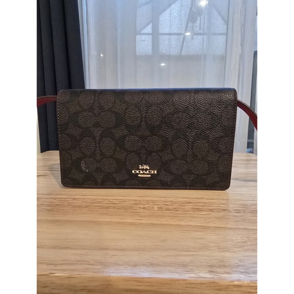 Coach Anna Foldover Crossbody Clutch in Signature Canvas in Brown/Red - Picture 2 of 16